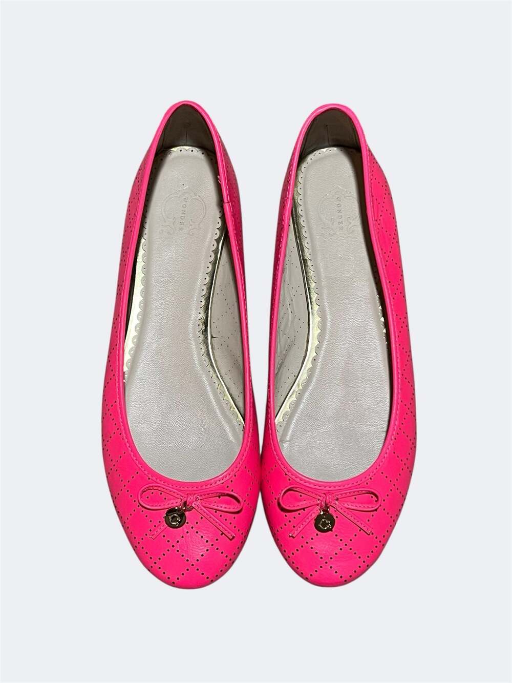 C. Wonder Pink Leather Laser Cut Quilted Ballet Flats with Bow Charm